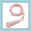Kekandains Lanyards Fashion Flower Match Perles en bois bracelets enveloppe en cuir Bracelets Keychain Round Bangle Keyring Drop de Dhkqr