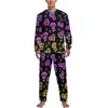 Vêtements de nuit pour hommes noir avec crâne blanc Pyjamas Holloween Print Home Suit Homme 2 Pièces Graphique Manches Longues Mignon Pyjama Ensembles