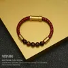 Charm Bracelets REAMOR Trendy Red-veins Tiger Eyes Natural Stone Cowhide Leather Men's Bracelet Black Gold Color Stainless Steel Female