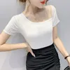 Women's T Shirts Summer Korean Style Cotton Chic Sexy Patchwork Mesh Shiny Diamonds Women Tops Bottoming Shirt Short Sleeve Tees