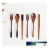 Dinnerware Sets Natural Wood Spoon Chopsticks And Fork Dinner Set Rice Soup Tableware Grain Handmade Household Drop Delivery Home Ga Ot2Vo