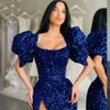 Glitter Royal Blue Sequined Mermaid Evening Dresses Puff Sleeves Side Split Square Neck Dubai Formal Party Prom Gown Floor Length 2023