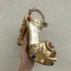 Kl￤nningskor Kvinnor Chunky High Heels Shoes Platform Sandaler f￶r kvinnor Rhinestone Metallic Gold Leather Shoes Woman Peep Toe Wedding Shoes 220117