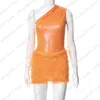 Women's Two Piece Pants ANJAMANOR 2 Piece Set Fuzzy Skirt and One Shoulder Bodysuit Top Orange Sexy Club Outfits Bodycon Dresses for Women 0117H23