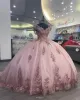 Quinceanera Pink Dresses v Neck Lace D Floral Applique RufflesカスタムメイドチュールスウィートプリンセスページェントボールガウンVestidos Estidos