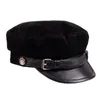 Boll Caps Women Leather Hats For Men 2023 Winter Vintage Thin Black Suede Motorcykel basker med bältet Male Korean Student Cadet Hat 61