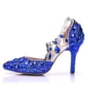 Purple Rhinestone Buckle Straps Wedding Shoes Pointed Toe 3 Inches Birthday Party Prom High Heels Summer Sandals Royal Blue Red Size 42