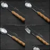 Spoons Woodiness Knife Fork Tableware Long Handle Stainless Steel Dinnerware Originality Dinner Service With Various Pattern 2 35Qx Dhhc3