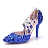 Purple Rhinestone Buckle Straps Wedding Shoes Pointed Toe 3 Inches Birthday Party Prom High Heels Summer Sandals Royal Blue Red Size 42