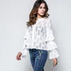 Blouses Femmes Chemises JLZXSY 2023 Printemps Creux Dentelle Blouse Élégante Femmes Flare Manches Volants Automne Bureau Dames Casual Chemise De Fête À