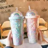 New Cat Ear styles Flashing Double Layer Cup Cute Cartoon Creative Plastic Cups Sequin Juice Gift Cup FY4479 ss0117