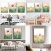 Peintures Prairie Floraison Fleurs Rouges Paysage Mur Art Toile Peinture Nordique Affiches Imprime Des Photos Pour Vivre Maison Decoratio Dhibe