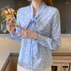 Blouses Femmes Blusas Femininas Élégant 2023 Vetement Femme Vêtements À Manches Longues Top Bow Dot Chemise En Mousseline De Soie Bleu Col En V Camisas De Mujer