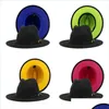 Stingy Brim Hats Women Men Fedora Jazz Panama Capswork Artificial Wool Felt Hat Belt Buckle Double Color Flat Wide Cap Ladies Trilby Dh7Sp