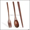Dinnerware Sets Natural Wood Spoon Chopsticks And Fork Dinner Set Rice Soup Tableware Grain Handmade Household Drop Delivery Home Ga Ot2Vo