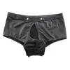 Underbyxor män sexig boxare gay underkläder läder låg midja avtagbar u konvex påse manliga trosor shorts