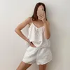 女性用スリープウェアQWEEK WHITE PAJAMAS FOR WOMEN COTTONT 2ピースセットルーズスパゲッティストラップ女性カジュアルスーツとショートパンツ夏2023年