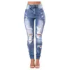 Kvinnors jeans kvinnor hög midjehål denim byxor 2023 sexig plus storlek med knapp rippad boho modebyxor höst elastik