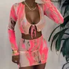 Arbeitskleider Tie Dye Sexy Kleid Frauen Zweiteiler Set Club Outfits Mesh Low-Neck Bandage Sling Crop Top Miniröcke Figurbetont Sommer