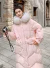 Damen-Trenchmäntel, rosa Daunen gepolsterte Damen-Winterjacke, langer Abschnitt, 2023, koreanischer Mantel, lockeres Design, mit Kapuze, großer Pelzkragen, Mode