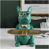 Arts et artisanat Résine Cool Dog Scpture Bldog Figurine décorative Plateau de rangement Banque de pièces d'entrée Porte-collation Porte-collation Art moderne Statue Dhgj1