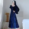 Casual Dresses Spring/Autumn French Vintage Courtly Style Sweet Girl Gentle Fairy Golden Velvet Blue Starry Sky Elegant All-Match Woman Dres