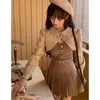 Work Dresses WDMSNA Autumn Fashion Lapel Long Sleeve Coat Short Jackets Top Suspender Pleated Mini Dress Women Two Piece Sets Womens