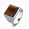 Band Rings Natural Square Tiger Eye / Black Onyx Stone Signet Ring Men In Stainless Steel Simple Brief Style Cool Fashion Mens Jewelry Gift