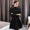 Work Dresses Korean Autumn Women Luxuriy Chiffon Blouse Puff Sleeve Stand Collar Vintage Shirts Fashion Pleats A-line Skirt Casual Set