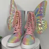 Chaussures habillées Butterfly Wings Femmes Chaussures Shine Silver Leather Flat Sneakers Lace Up Bottines pour femmes high-top Leisure Platform Shoes 2022 220117