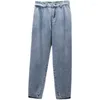 Byxor kvinnor jeans hög midja plus storlek lös casual zipper kvinnlig ljusblå sommar denim ankellängd harem 4xl 5xl