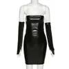 Lässige Kleider Leder mit Handschuhen Partykleid Damen Rückenfrei Sexy Low Cut Clubwear Skinny 2023 Schwarz Bodycon Mini weiblich