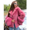 Women's Fur & Faux Fashion Rose Red Real Jacket Turn-down Collar 2023 Whole Skin Genuine Coat Outwear Luxury OvercoatsWomen's Women'sWomen's