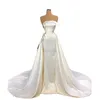 Robes de mariée de sirène vintage Appliques en dentelle en satin One épaule Crystal perles une ligne Bride Bridal Train Overskirts plus taille