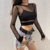 Kvinnors T-skjortor Sexig Black Hollow Out Mesh T-shirt Kvinnlig Skinny Crop Top 2023 Fashion Summer Basic Tops for Women Fishnet Shirt