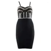 Casual Dresses Wholesale 2023 Summer Woman's Dress Black Spaghetti Strap Beaded Sexy Club Celebrity Cocktail Party Bandage