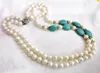 Necklace Earrings Set Women Jewelry 8-9mm Bright Green Stone WHITE Pearl 2 ROWS Dangle Hook Earring Natural Freshwater