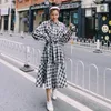 Casual Dresses Shirt Dress Female Spring Autumn2023 Korean Loose Retro Black White Plaid Single Breasted Fashion Long-sleeved Long 1P