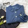 Chemisiers Vintage délavés pour femmes, col de poupée, bord bleu foncé, ample, décontracté, manches longues, chemise en Denim, automne