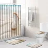 Rideaux de douche 4pcs / ensemble de salle de bain étanche rideau rideau de l'océan Imprimé eau absorbant le tapis de couverture de toilette palette de pied décoration de bain à la maison