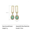 Dangle Earrings Trendy S925 Silver Oval Natural Emerald Geometric Pendant For Women Fine Jewelry Plated Gold Long Drop Gift