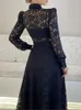 Casual Dresses Sexy Black Lace Midi Dress For Women High Waist Long Sleeve Single Breasted Vintage Hollow Out Female 2023 Autumn