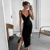 Casual Dresses Fashion Bow Rems Sexig Summer Dress Women Backless Midi 2023 Svart Elegant ärmlös Split Women's Party Robe