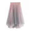 Gonne Rosa Verde Irregolare Midi Lungo Tulle Gonna A-line Donna 2023 Autunno Inverno Dolce Sfumatura di Colore A Vita Alta Femminile