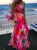 Robes décontractées Summer Femmes Beach Style Robe de soirée élégante Plis doux sans manches Impression Dames Maxi Collier Collier Streetwear Robes
