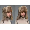 Berets Fur Cap Man Winter Furry Bomber Hat With Earflaps Outdoor Windproof Warm Earmuffs Male Flat Russian Ushanka