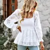 Women's Blouses Women Floral Textured Babydoll U Crewneck Tops Summer Hollow Casual