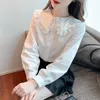 Women's Blouses 2023 Spring Korean Version Women's White Patchwork Mesh Lace Collar Long-Sleeved Chiffon Shirt