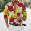 Мужские повседневные рубашки 2023 Осенние тонкие розовые цветочные мужчины 3D Принт с длинным рукавом модная бренда праздничная рубашка мужская одежда S-5xl