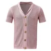 Hommes chemises décontractées Gentleman solide tricoté Cardigan printemps été hommes revers polo mince manches courtes Sexy col en V boutons mâle